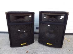 A pair of HQ Power passive P.A speakers with black carpet wrap.