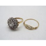 A 9ct gold cz cluster ring, size L and one further yellow metal ring, size N, approximately 3.