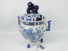 A large blue and white incense burner and cover (cover A/F), having twin upturned handles,