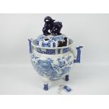 A large blue and white incense burner and cover (cover A/F), having twin upturned handles,