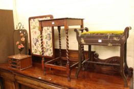 Oak barley twist occasional table, piano stool, nest of three sewing drawers,