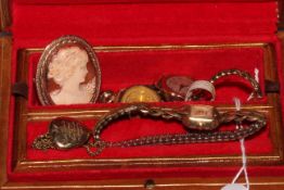 Cameo brooch, 9ct gold locket and three assorted lady's wristwatches.