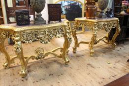 Near pair gilt and marble topped serpentine front console tables, 95 x 169.5 x 48cm and 93.