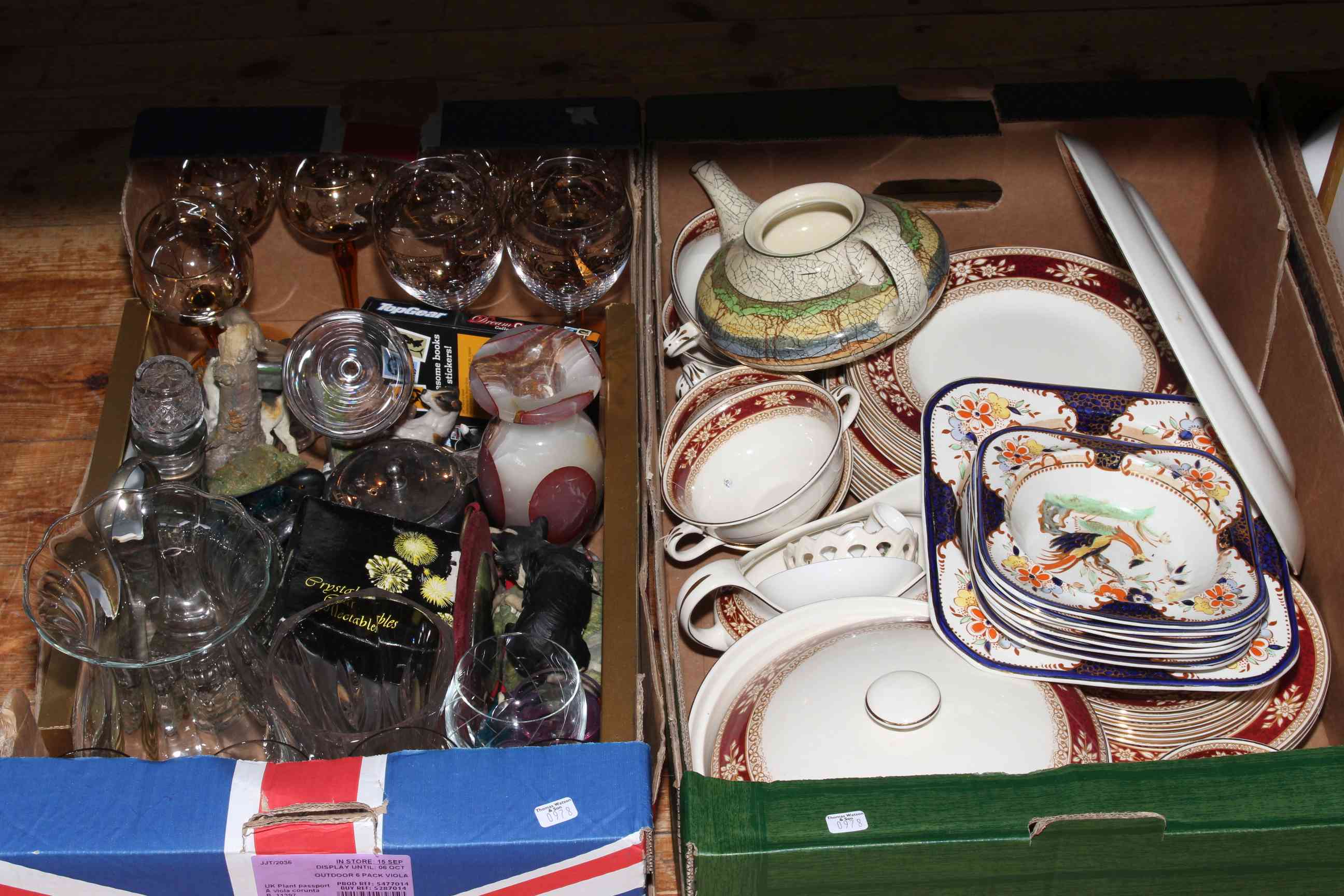 Three boxes of china and glass including Sylvac dog, pair of Aynsley lamp boxes, ornaments, - Image 2 of 3