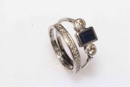 18ct white gold and platinum sapphire and two stone diamond ring and 18ct white gold half eternity