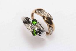 9ct white gold emerald and diamond ring and 9ct yellow gold diamond twist design ring.