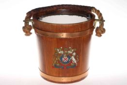 Oak and brass bound vintage fire bucket with rope twist and leather clad handle.