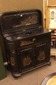 Oriental carved cocktail cabinet with internal elevating bottle holder, 93 x 101.5 x 43cm.