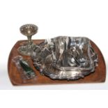 Silver plated tray, dish, cutlery, double ended scent bottle, brooches, etc.