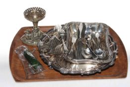 Silver plated tray, dish, cutlery, double ended scent bottle, brooches, etc.