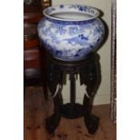 Large antique Chinese blue and white jardiniere with continuous bird and floral decoration on a