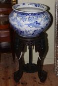 Large antique Chinese blue and white jardiniere with continuous bird and floral decoration on a