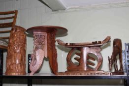 Indian games table, African carved wood sculpture, stool and carving of a deer (4).