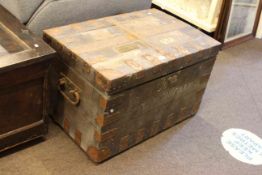 Antique metal bound silver chest bearing brass plaque for the Reverend J Fearnley, 51 x 81 x 53cm.