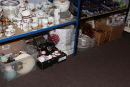 Six boxes of assorted china, books, jewellery, soft goods, telephone, child's till, etc.