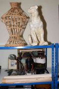 West German vase, railway lamp, opera glasses, desk magnifier, tradesman pulley, scrolls,
