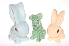 Sylvac dog and rabbits including turquoise 1028, yellow 1379 and green 1379.