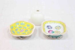 Two small Chinese tazza and scent bottle
