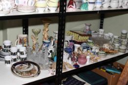 Collection of part tea wares, Staffordshire dogs, ornaments, glass, etc.