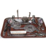 Collection of assorted silver including dressing table wares, pair of dwarf candlesticks,