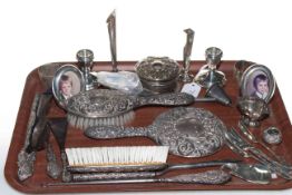 Collection of assorted silver including dressing table wares, pair of dwarf candlesticks,