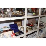 Full shelf of china including Doulton and Nao figures, Crown Ducal Chintz toilet set, parasol,