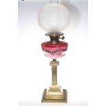 Victorian brass oil lamp with pink decorated glass reservoir and etched frosted glass shade.