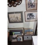 Collection of framed watercolours including landscape, framed needleworks and prints.