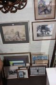 Collection of framed watercolours including landscape, framed needleworks and prints.