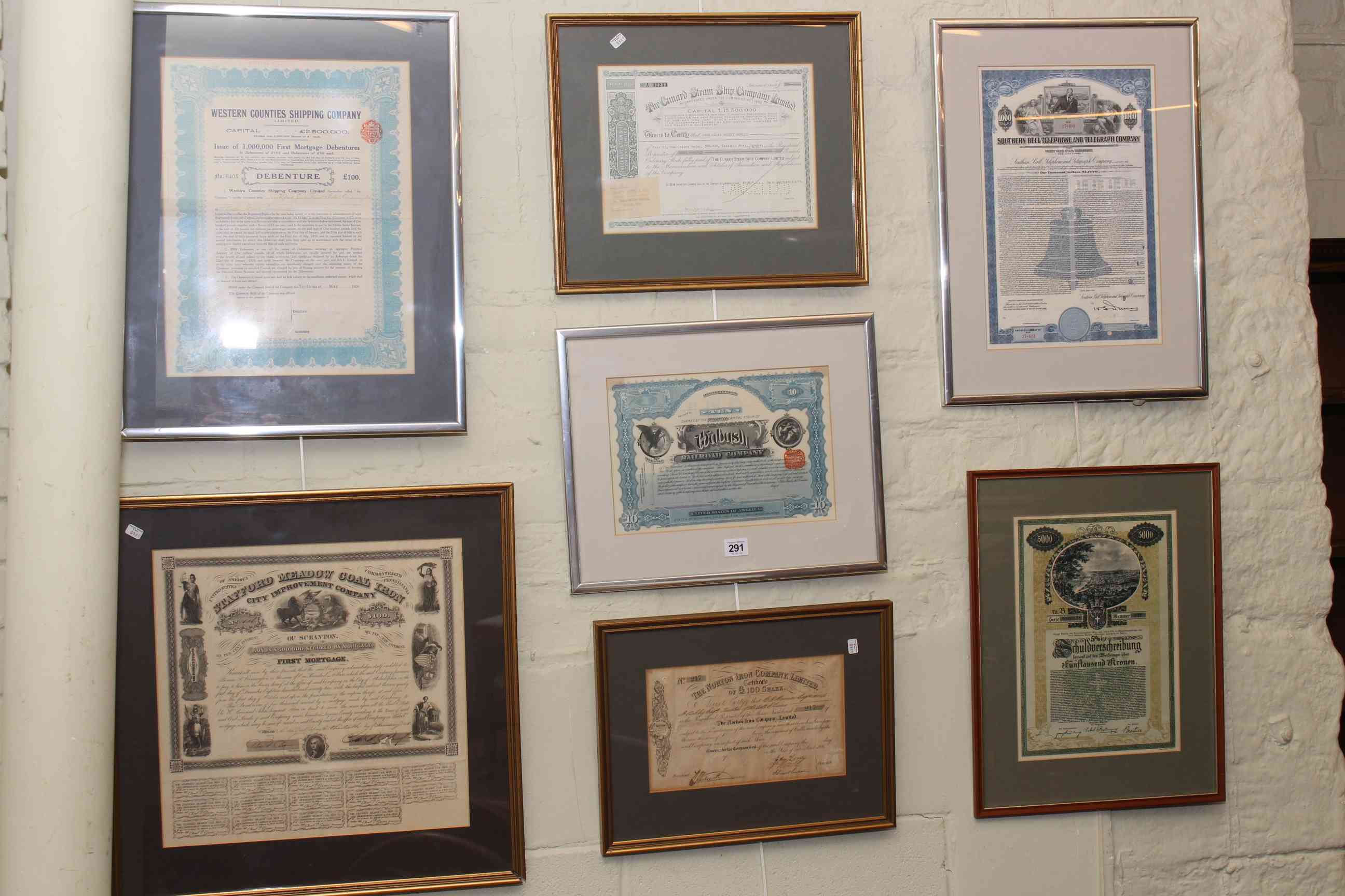 Collection of framed bond certificates inc: The Norton Iron Company Ltd £100 share c1860