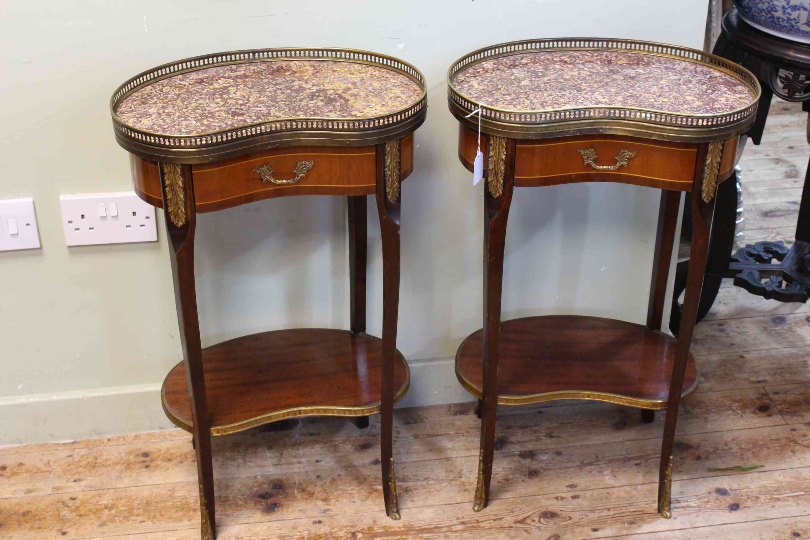 Pair Continental kidney shaped single drawer lamp tables, 70.5 x 44 x 26cm.