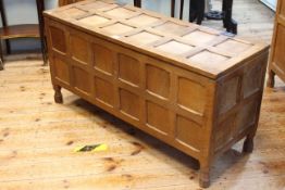 In the manner of Robert Thompson jointed oak and adzed cut blanket box, 53 x 108 x 39cm.