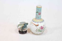 Chinese bottle vase with bird decoration, 16cm and a small brush washer.