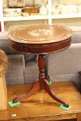 Circular Oriental rosewood two-drawer drum table inlaid with mother of pearl dragon decoration,