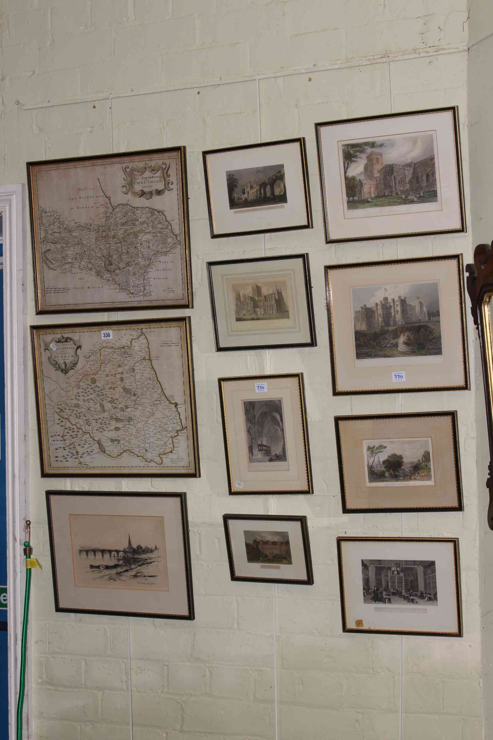 Two Robert Morden map prints, Durham and Yorkshire and collection of nine framed etchings.