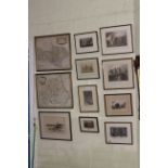 Two Robert Morden map prints, Durham and Yorkshire and collection of nine framed etchings.