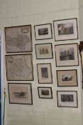 Two Robert Morden map prints, Durham and Yorkshire and collection of nine framed etchings.