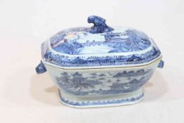 18th Century Chinese blue and white tureen and cover, decorated with village and lake scenes.