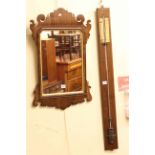 Regency style fretwork wall mirror and oak mounted stick barometer (2).