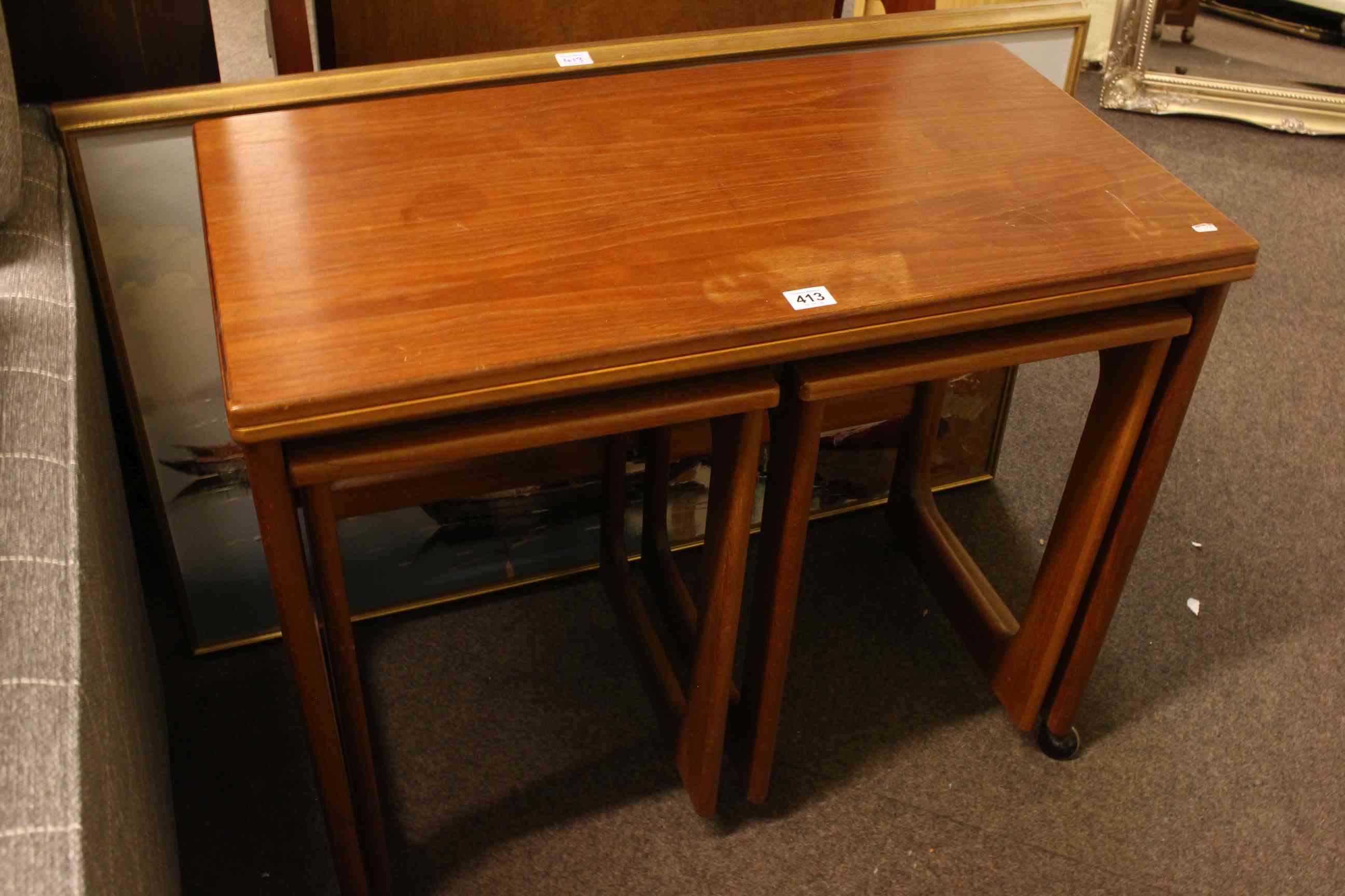 McIntosh teak fold-top nest of three tables and contemporary oil on canvas.