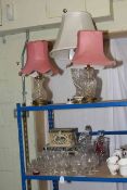 Collection of crystal glass including; pair of Waterford brandy goblets, three table lamps,