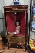 Continental gilt mounted corner display cabinet with Vernis Martin style panel, 144cm.