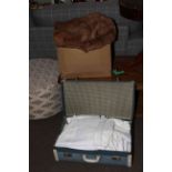 Suitcase and box of linen, furs, etc.