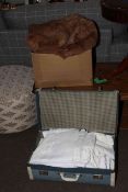 Suitcase and box of linen, furs, etc.