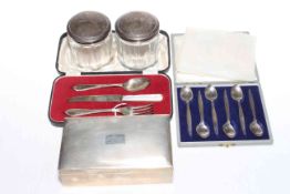 Collection of silver including cigarette box, christening set, six spoons and two toilet jars.