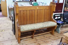 Pitch pine high backed church pew, 130 x 147cm.