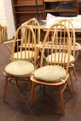 Set of four vintage Ercol elm and beech Quaker back dining chairs, including pair carvers.