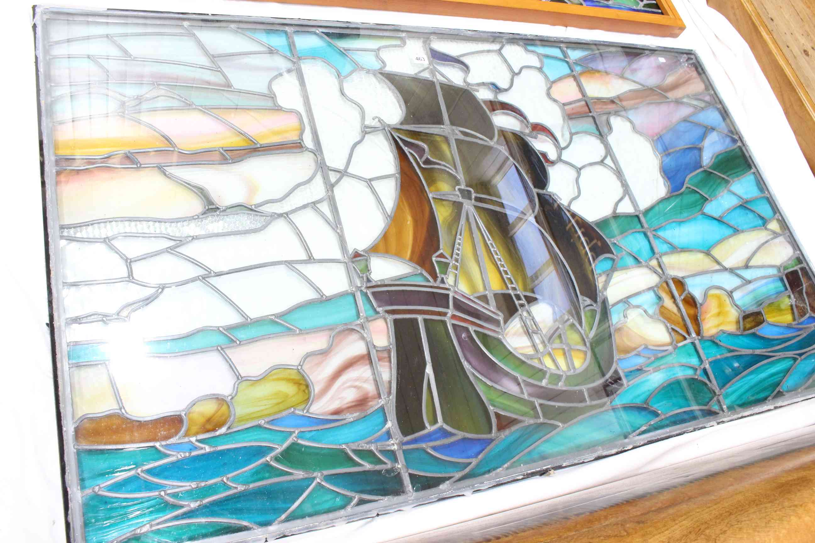 Art Deco seafaring stained glass window/panel, 90 x 152cm.
