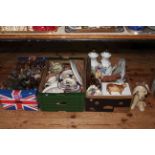 Three boxes of china and glass including Sylvac dog, pair of Aynsley lamp boxes, ornaments,