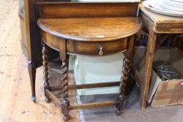 Early 20th Century oak demi-lune hall table on barley twist legs, 84 x 77cm.